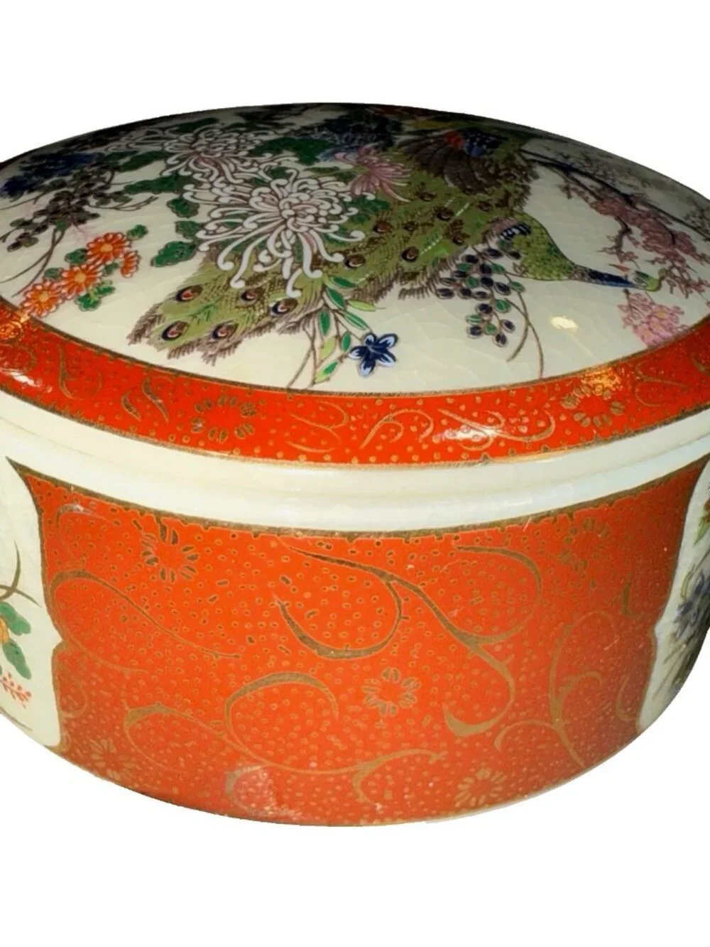 Vintage Satsuma Japanese Peacock Jewelry Box 3.75